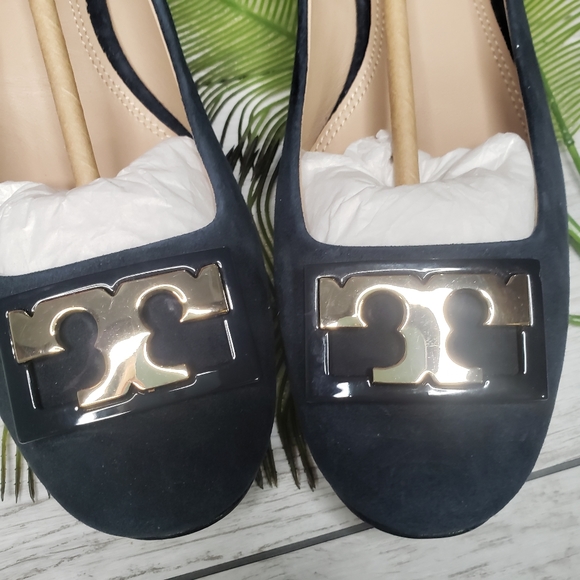 Tory Burch Gigi Heels Navy Blue Suede Leather 8 NEW Gold Pumps Gorgeous Designer - Picture 10 of 10